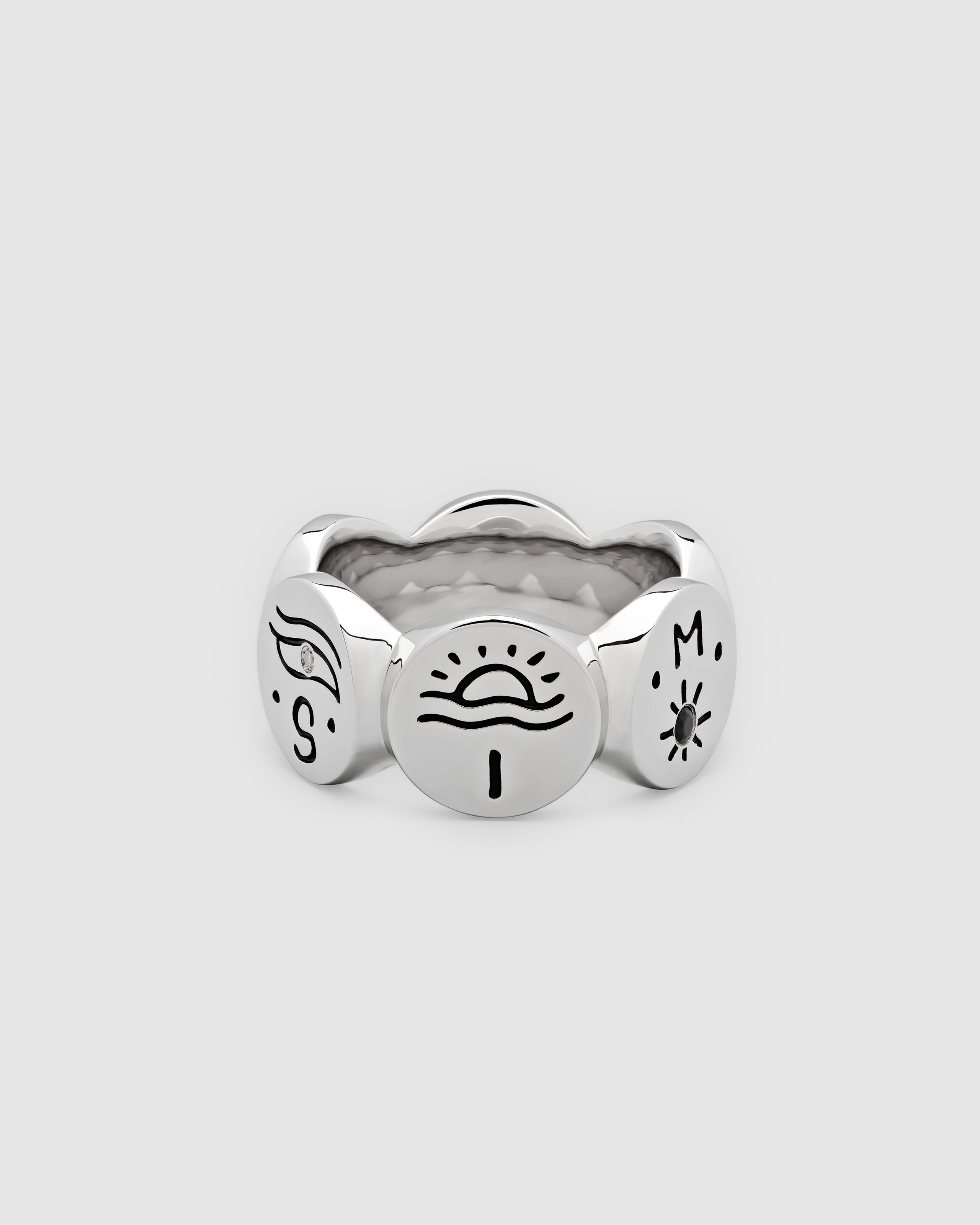 925 sterling silver band ring with engraved symbols in black antiquing and drawings from Guy Le Tatooer