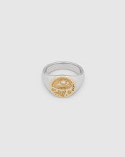 A small, round gold and 925 sterling silver signet ring for men and women, featuring an engraved butterfly motif and a hand-set, lab-grown diamond on the surface.