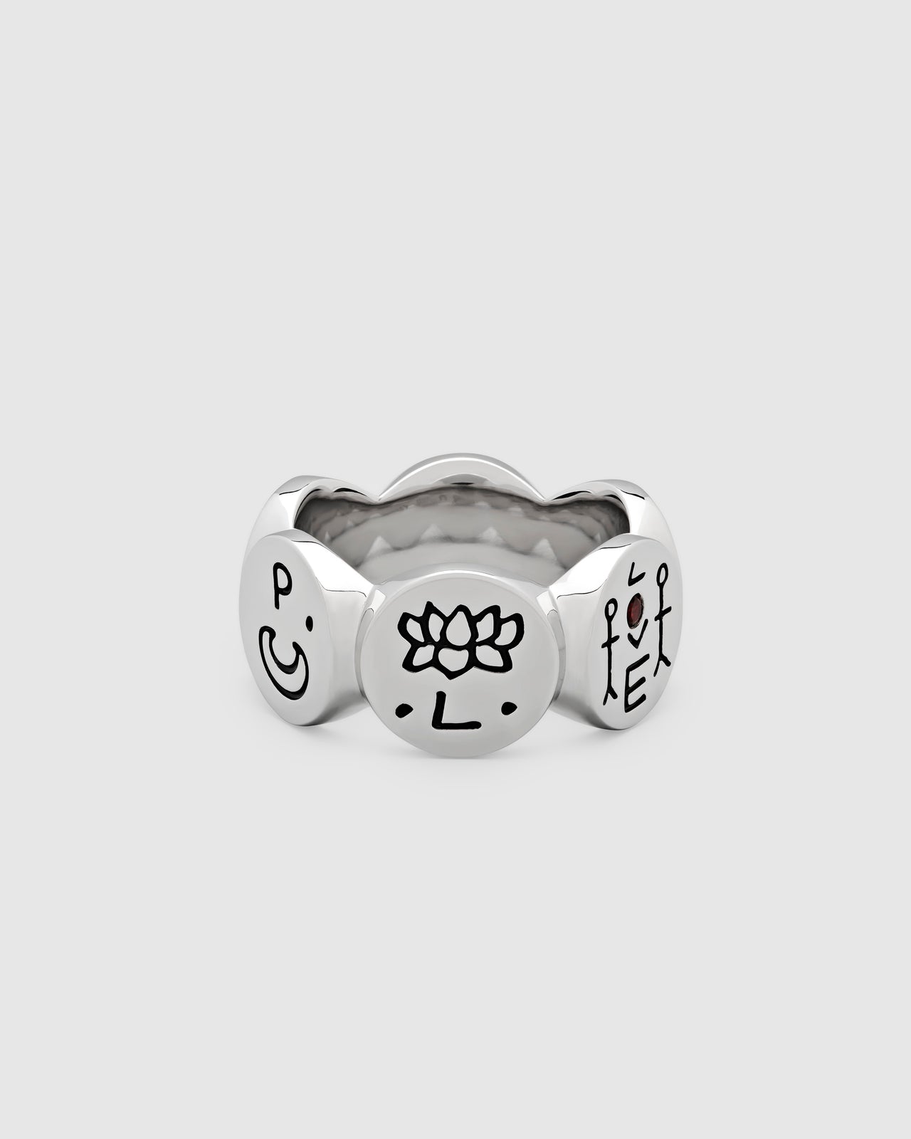 925 sterling silver band ring with engraved symbols and drawings from Guy Le Tatooer