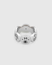 925 sterling silver band ring with engraved symbols in black antiquing and drawings from Guy Le Tatooer
