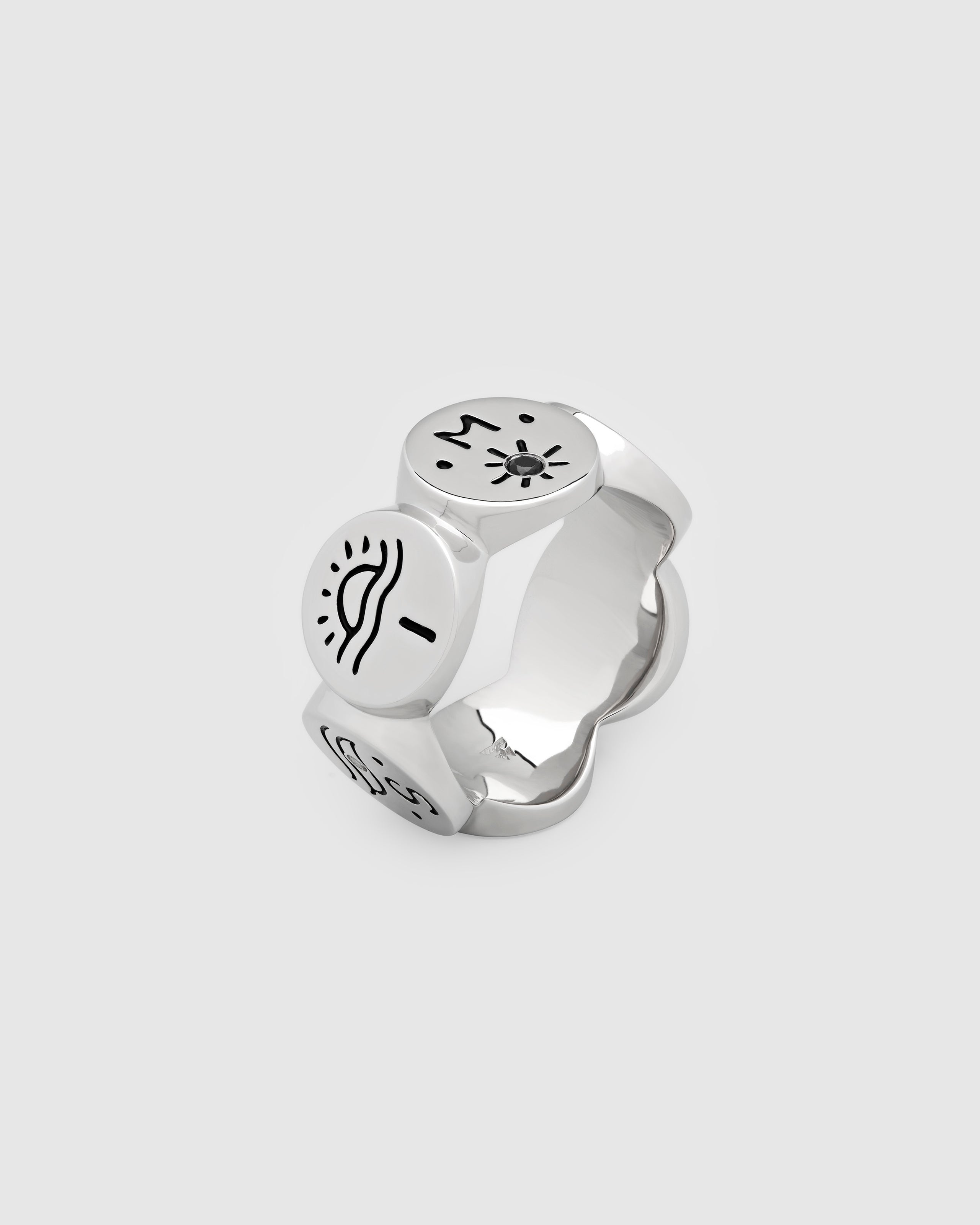925 sterling silver band ring with engraved symbols in black antiquing and drawings from Guy Le Tatooer