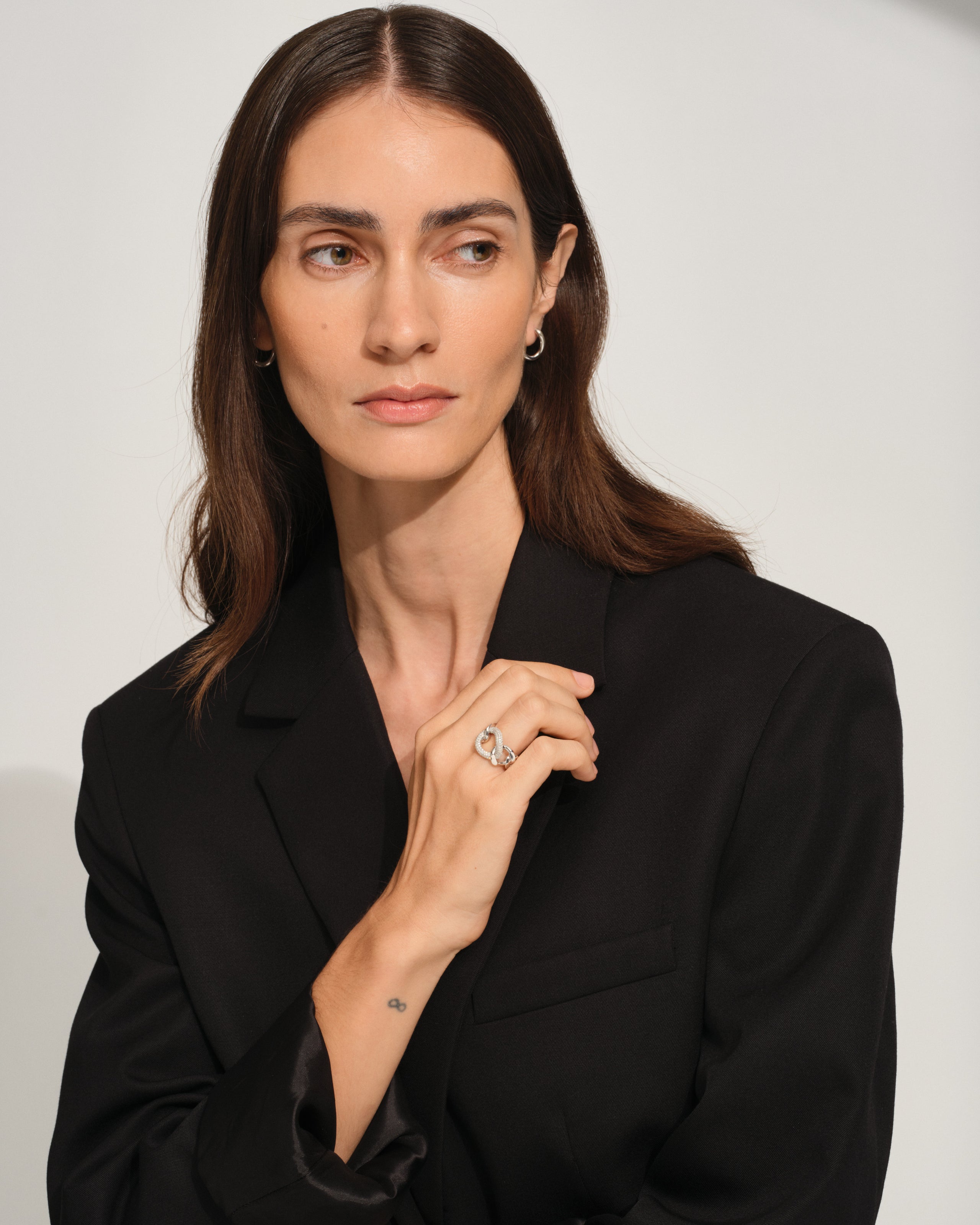 Tom Wood silver band ring with polished finish and 124 lab-grown diamonds